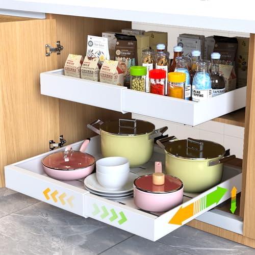 2 Pack Pull Out Cabinet Organizer 21" Deep Expandable Slide Out Drawer Organizers,No Drill Pull Out Drawers Adhesive with Nano Compatible Framed Cabinets Shelves For Kitchen Pantry Adjustable Width - color: White, size: 21"D x12.4"-20.47"W (2 Pack)