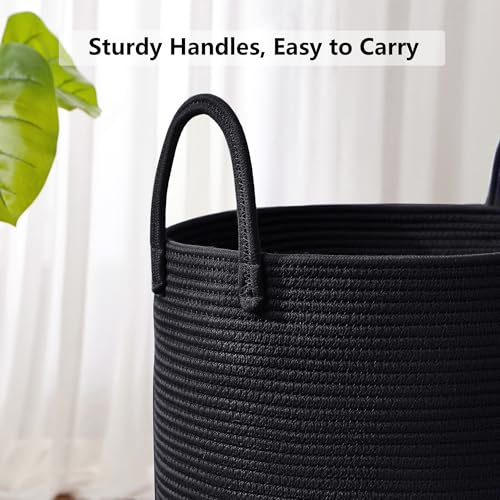 60L Black Woven Cotton Rope Laundry Hamper Basket for Clothes Tall Modern Blanket Storage Basket in Living Room Bedroom 15Dx20H inches - color: Black, size: Large (60L)