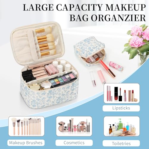OCHEAL Makeup Bag Set, Portable Travel Makeup Bags Cosmetic Organizer Bag for Women Cute Floral Cosmetic Pouch Large Capacity Make up Bag Toiletry Bags with Divider and Handle-Floral - color: 0020_Floral print Set of 2, size: Medium