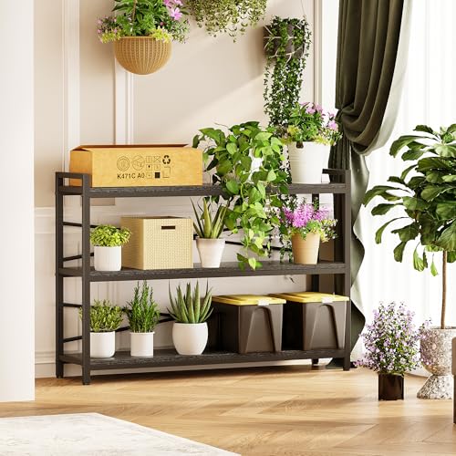 3 Tier Bookcase 47.24" Width, Long Industrial Book Shelf, Vintage Wooden Large Book Shelf for Home Living Room Bedroom Office Storage(Black) - color: Black, size: 3 Tier - 47.2" W