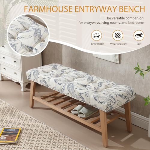 Wooden End of Bed Bench with Shoe Shelf 2 Tier Farmhouse Button Tufted Linen Fabric Upholstered Entryway Bench for Living Room/Bedroom/Hallway/Window Corner, Blue - color: Blue