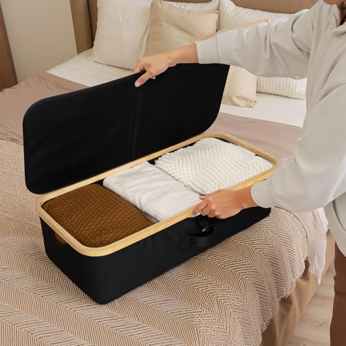 StorageWorks Underbed Storage Containers with Lids, 2-Pack 7" Low Profile Under Bed Storage Box with Bamboo Frame for Clothes, Bedding, Blankets and Shoes, 42L Sturdy Fabric Organizer, Black - color: Black, size: 2