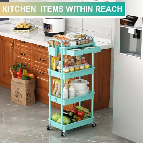 Goovilla 4 Tier Rolling Utility Cart Organizer with Removable Drawer, Stable and Sturdy Blue Rolling Storage Carts with 2 Lockable Wheels for Bathroom, Kitchen, Snack, Craft, Makeup, Baby Essentials - size: 4 Tier, style: Blue