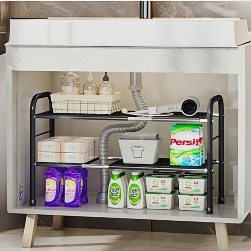 Expandable Under Sink Organizer with 10 Removable Panels, Adjustable Storage 2-Tier Shelf for Kitchen, Bathroom, Pantry,Multi-Purpose Expandable Cabinet Shelf Rack (19-35.5 Inch) (brown, Large) - color: Brown, size: Large