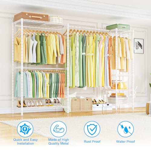 Ulif E10 Clothes Rack（With Stretchable Hanger Rod）Freestanding Clothing Racks for Hanging Clothes，Adjustable Closet Organizer System，Portable Garment Rack 73-97"W x 15" D x 72" H，Max Load 800LBS，White - color: White