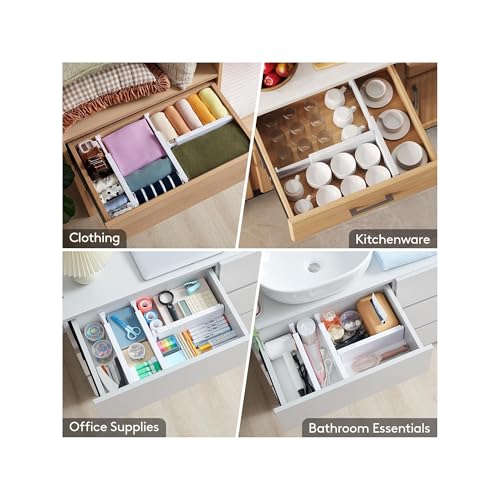 6 Pack Adjustable Drawer Dividers (10.8–17.9”) – Expandable Slide-Lock Plastic Drawer Organizer for Clothes, Kitchen, Bathroom & Office – Tool-Free White Drawer Separators