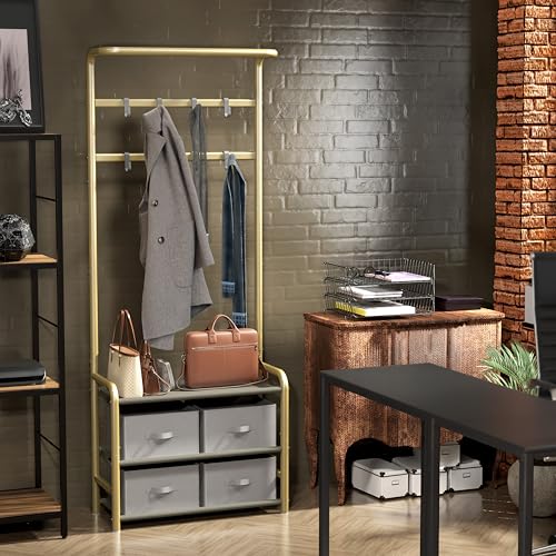 Simple Houseware Coat Rack with Storage Shelf, Freestanding Hall Tree with Hooks for Entryway, Bedroom, Office, Black Metal Clothes Hanger Stand for Coats, Hats, Jackets, Bags - Champagne Gold - color: Champagne Gold