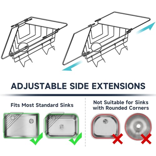 NiHome Extendable Arm Stainless Steel Kitchen Sink Corner Caddy, Easy Install Space-Saving Adjustable Sponge Holder, Non-Slip Rust-Resistant for Brushes, Soap, Sponges (Black) - color: Black