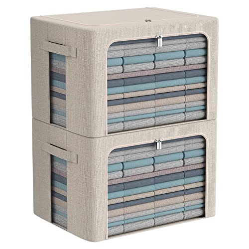 CYhom Clothes Storage Bins Box - Linen Fabric Foldable Stackable Container Organizer Set with Clear Window & Carry Handles & Metal Frame - 2Pack Large Capacity for Bedding, Blankets, Books - color: Beige, size: Large-66L