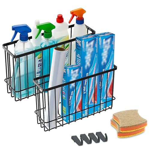 Cabinet Door Organizer Basket 2 Pack, Foil and Plastic Wrap Organizer with 2 Sponges, Lid Organizers Inside Cabinet, Metal Basket for Kitchen Organizers and Storage, Utility, Black (Medium,Large) - color: Black (Medium+Large)