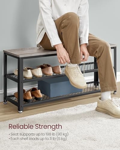 VASAGLE 3-Tier Shoe Rack, Shelf Storage Bench with Metal Mesh Shelves and Seat, Free Standing Shoe Organizer for Entryway, 11.8 x 39.4 x 17.7 Inches, Greige and Black ULBS078K01 - color: Greige + Black, size: 39.4"W x 17.7"H, style: Bench