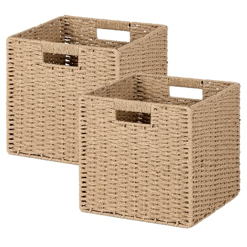 Woven Wicker Storage Baskets 2-Pack, 11x11 Handwoven Paper Rope Organizer Bins, Foldable Cube Storage Cubes with Built-in Handles for Shelves and Closet Organization(Natural Beige) - color: Natural Beige, size: 2 Pack