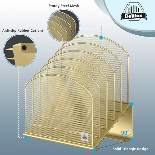 Delifox Inclined Desk File Organizer,Vertical File Folder Holder Stand Metal Rack File Sorter for Office Classroom Desktop Organization - color: Gold, size: 1Pack