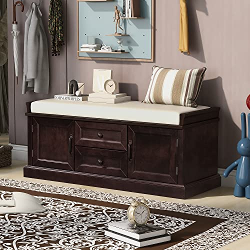 P PURLOVE Rustic Wood Storage Bench with 2 Cabinets and 2 Drawers, Wood Shoe Bench with Removable Cushion for Entryway, Hallway - color: Espresso, size: with 2 Drawers and 2 Cabinets