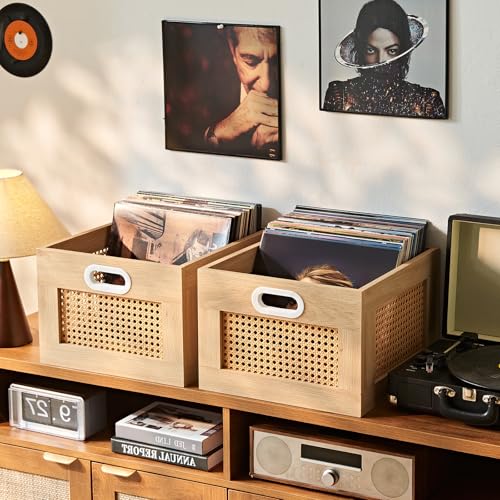 LELELINKY 2 Pack Vinyl Record Storage Crates, Rattan Vinyl Record Holder with Handle, Natural Wood Record Crate for Vinyls Holder up to 75 LP's, Desktop Cube Album Storage for Vinyls Records - color: Natural, size: 2 Pack