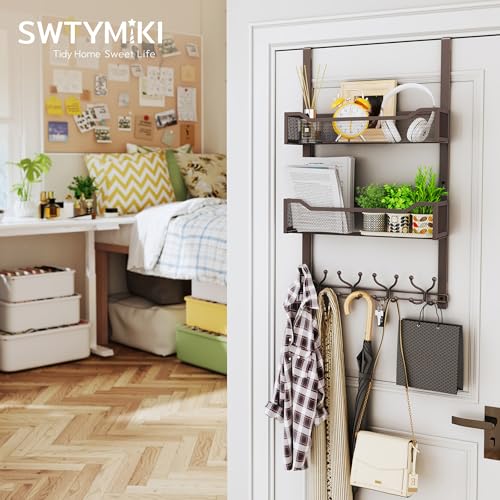 SWTYMIKI Over The Door Hooks Organizer - Multi-Functional Door Hanger with 16 Hooks & 2 Mesh Baskets, Long Coat Rack for Bathroom, Bedroom, Living Room, Home Storage Organizer, Bronze - color: Bronze