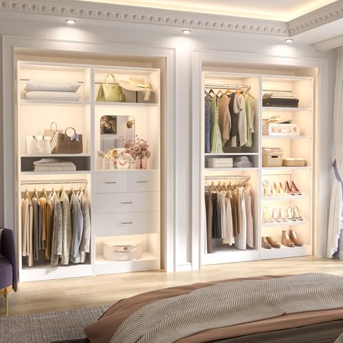 Unikito 50” Closet System with 4 Drawers, 4.2FT Wood Closet Organizer with Hanging Rods and Mirror, Reversible Small Walk in Closet Wardrobe, Adjustable Sturdy Clothes Garment Rack, Set of 2, White - color: White, size: 50 Inch