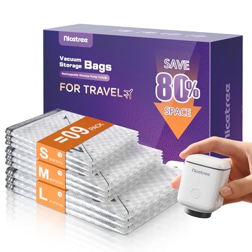 Nicetree 9-Pack Vacuum Storage Bags with Rechargeable Wireless Pump, 3 Sizes (20/24/28 Inch) Travel Vacuum Seal Bags for Clothing, Bedding & Seasonal Storage, Space Saver for Luggage - style: 9 Combo Set