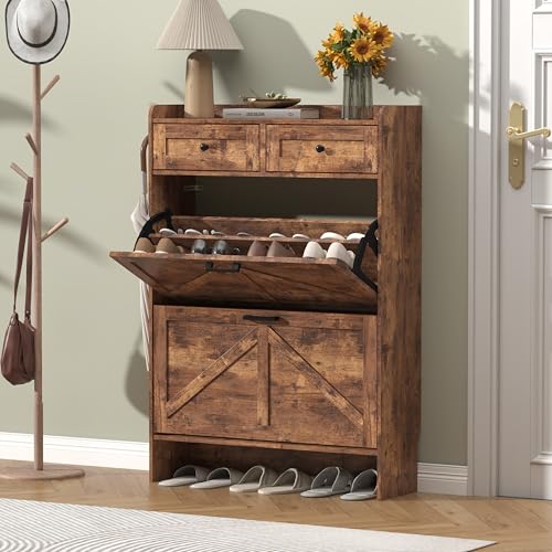 Thacuok Shoe Cabinet with 2 Flip Drawers & 2 Storage Drawers, Rustic Farmhouse Narrow Shoe Organizer Cabinet, Slim Shoe Rack Cabinet, Shoe Storage Cabinet for Entryway, Hallway - color: Brown, size: 2 Drawers
