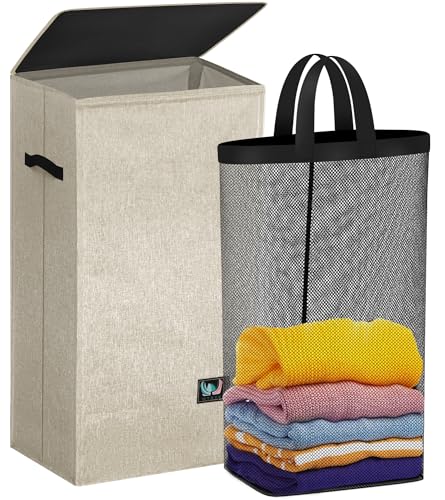WTREE Laundry Hamper with Lid, Reinforced Sturdy Clothes Hamper with Anti-Puncture Base, Large Collapsible Laundry Basket with Removable Liner Bag, Tall Dirty Clothes Bin for Family, 100L Beige - color: Beige