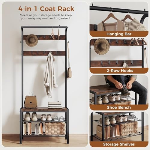 Hall Tree with Bench and Shoe Storage, 4-in-1 Entryway Organizer with 10 Hooks and Storage Shelf,Coat Rack Freestanding with 2-Tier Storage Shelf for Living Room, Bedroom Rustic - color: Brown