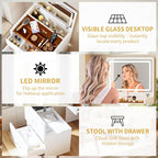 3 in 1 Makeup Vanity Desk with Flip Top Mirror and Lights, Glass Top Compact Vanity with Charging Station, 3 Drawers, Cushioned Stool for Bedroom Gift, White