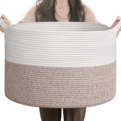 INDRESSME Large Blanket Basket, Laundry Toy Storage Baskets, Decorative Woven Basket for Living Room & Nursery, Baskets for Gifts Empty, Laundry, Dog Toys, Towels, White & Brown, 19.7" D x 12.6" H - color: White & Brown, size: 19.7"D x 12.6"H