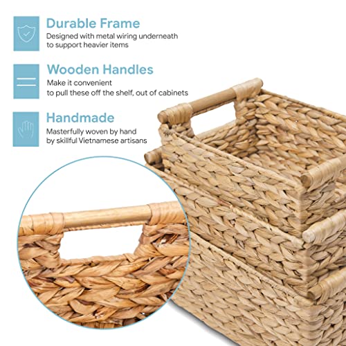 VATIMA Hyacinth Wicker Basket Set 3 size - Rectangular, Wooden Handles, Shelf Organizer, Natural Bins - color: Water Hyacinth, size: Set of 3 (Small, Medium, Large)