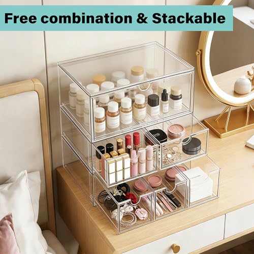 Prsildan Acrylic Makeup Organizer Stackable Storage Drawers with 3 Drawers for Office Desk Vanity Craft Room Clear Drawer Organizers for Hair Accessories Art Supplies Cosmetics Modular System - style: Style3-3Drawers