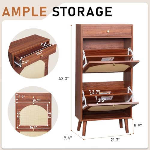 Karl home Shoe Rack Storage Organizer, Rattan-Panel 1-Drawer 2-Tilt-Out Shoe Storage Cabinet, Hidden Shoe Storage for Entryway,Ideal for Heels,Slippers,Casual Shoes, Brown - color: Brown, size: 1-Drawer 2-Tilt-Out