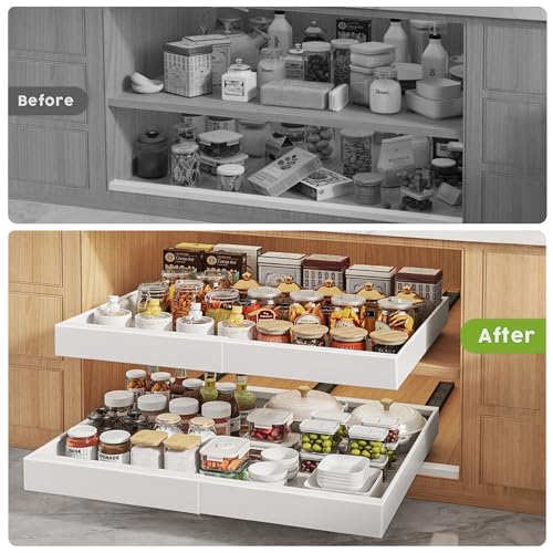 Seinloes 4 Pack Pull Out Cabinet Organizers 21" Deep With Raising Pad for Framed Cabinets, Expandable Width (15.2"-26.3") Slide Out Drawers Upgrade 3 Slide Rails, Roll Out Shelves Adhesive, White - color: White, size: 15.2"-26.3"Wide x 21"Deep(4 Pack)
