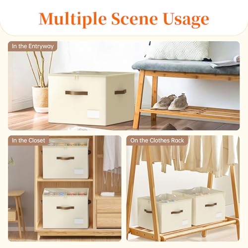 Shoe Organizer for Closet, 2 Pack Shoe Organizer with Clear Cover, Closet Shoe Storage Containers w/Adjustable Dividers, Foldable Storage Bins for Shoes, Fits 16-32 Pairs, Beige - color: 2Pack Beige