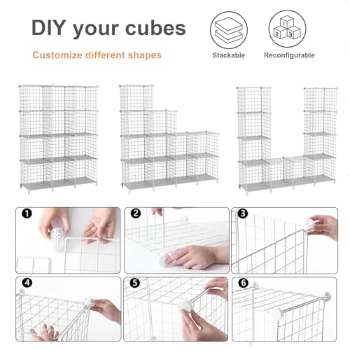 12-Cube Storage Organizer, Metal Wire Cube Shelving Unit, 11.8" L x 11.8" W x 11.8" H, Modular Grid Bookshelf for Closet, Bedroom, Office, White ATTJL12W - color: White