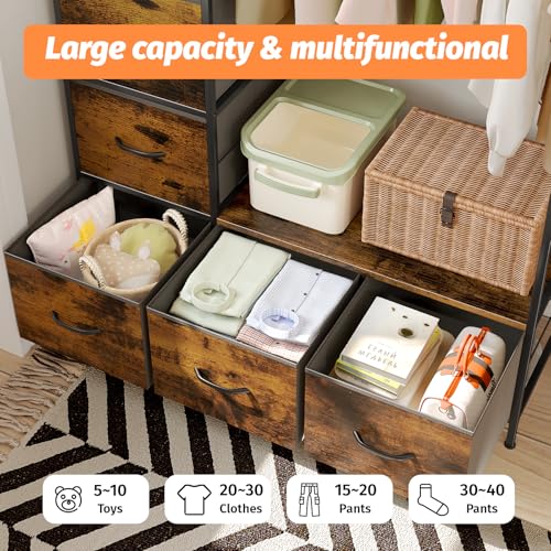Clothing Rack with Fabric Drawers & LED Lights, 39.4W*57H Dresser with Hanging Rack, Free Standing Wardrobe Closet with Shelves, Closet Organizer with Drawers for Bedroom, Small Space, Apartment - color: Brown