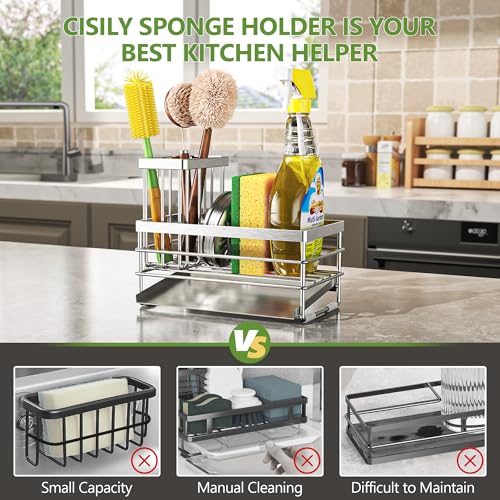 Cisily Sink Caddy Sponge Holder for Kitchen with Brush Holder and Stainless Steel Self Drain Tray, Rustproof Kitchen Sink Organizer for Sponge, Soap Dispenser Storage Accessories (Stainless Steel) - color: Stainless Steel