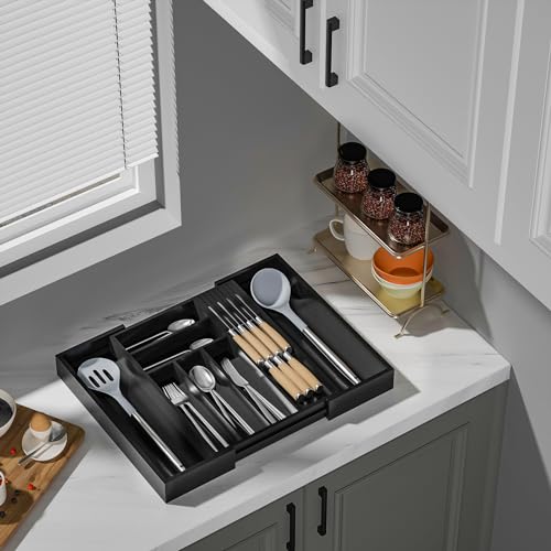 TIOPGHAD Bamboo-Silverware-Drawer-Organizer-Kitchen, Expandable Utensil Holder Cutlery Tray Flatware Organization Adjustable Wood Tableware Dividers Storage (with Removable Knife Block)(Black) - color: Black, size: Large