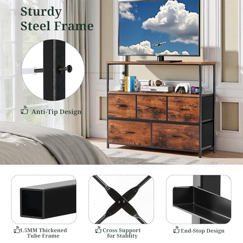 TV Stand, 5 Fabric Drawers Dresser Entertainment Center for TV up to 45 inch Wooden Media Console Table Storage Organizer with Open Shelf, for Living Room, Bedroom, or Small Space, Brown - color: Brown, size: 5 Drawers