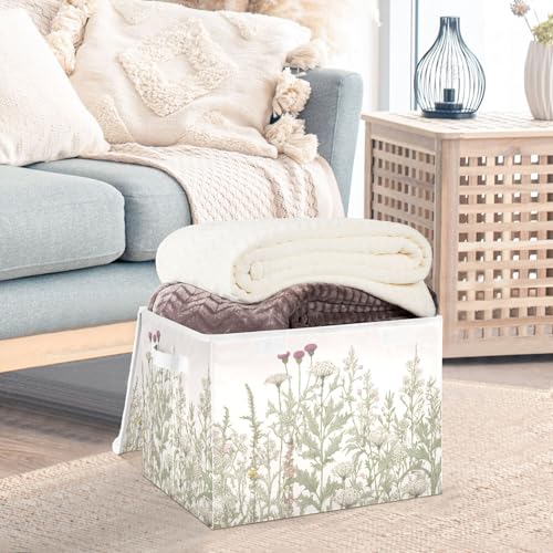 xigua Vintage Colorful Herbs and Wild Flowers Floral Storage Bins with Lids and Carrying Handle,Foldable Storage Boxes Organizer Containers Baskets Cube with Cover for Home Bedroom Closet Office - color: Vintage Colorful Herbs and Wild Flowers Floral