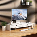 LAPTAIN Wooden Dual Monitor Stand with 2 Drawers, Monitor Stand Riser with Adjustable Length and Angle, Solid Wood Desktop Organizer Stand for Laptop/PC/Computer, No Assembly Required