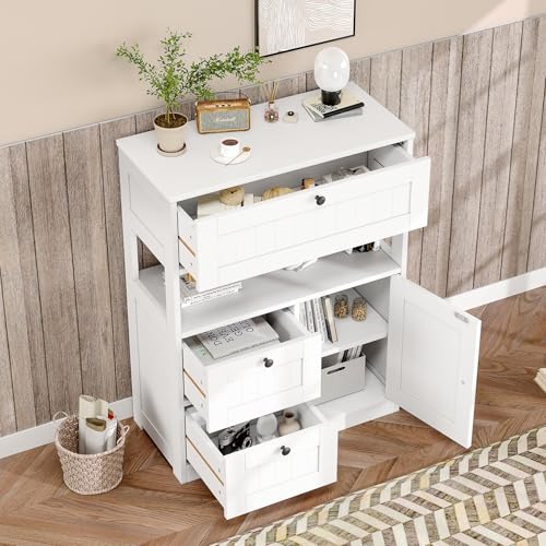 GRUSIGN Bathroom Cabinet, Modern Bathroom Floor Storage Cabinet Organizer with 1 Door and 3 Drawers, Freestanding Cupboard for Kitchen/Living Room Use - color: White1
