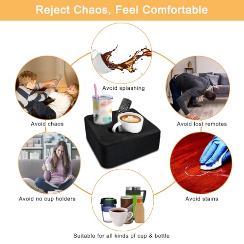 Couch Cup Holder Pillow Tray & Caddy - for Sofa, Bed, Car, Man Cave | Keep Drinks at Hand & Spill-Proof Accessories for New Parents, Camping, Park, Boat, Beach -Black - color: Black, size: 9.4" x 9.4" x 3.9"