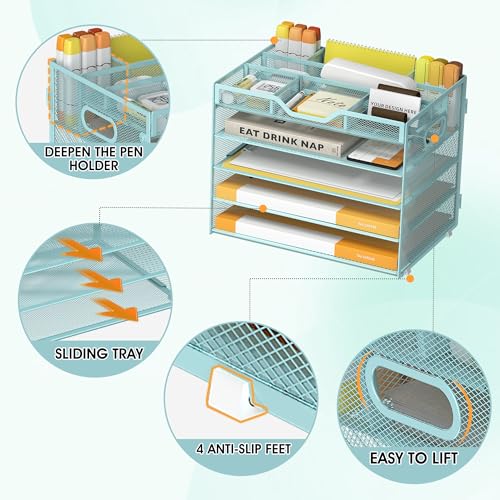 5 Tier Paper Letter Tray with 3 Drop-in Pen Holders, Mesh Desk File Organizer with Handle, Desk Organizers and Accessories for School,Home, Office Supplies Storage-Blue - color: 5 Tier-Blue, size: 12.5" x 9.1" x 10.3"