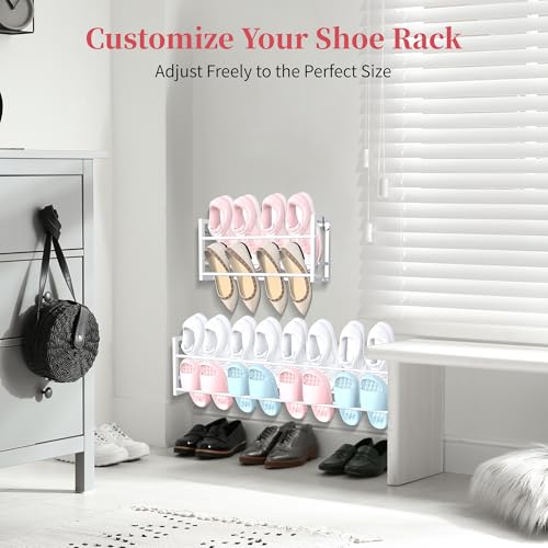 2 Pack Wall Mounted Shoe Rack for Narrow Spaces, Hanging Shoe Rack Holds 16 Pairs, 17"-30"Adjustable Heavy Duty Wall Shoe Storage with 4 Storage Hooks, Space Saving for Closet Entryway Door, White - color: White, size: 2 Pack
