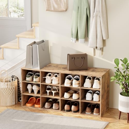 Aenuert 12-Cubby Shoe Rack, 3-Tier Wood Shoe Organizer, Multifunctional Shoe Organizer Bench for Entryway, Mudroom, Hallway, Closet,36.22 * 11.81 * 17.72 Inch,Brown - color: Brown, size: 12-cube 3-tier