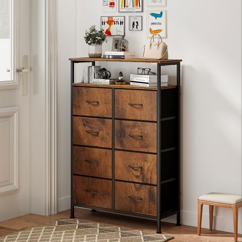 DUMOS Fabric Dresser for Bedroom with 8 Drawers, Tall 8-Drawer Chest of Drawers with Raised Shelf, Storage Tower with Fabric Bins for Closet Organization, Hallway Storage, Brown - color: Brown, size: 31.5"D x 45.9"W x 11.8"H (8 Drawers)