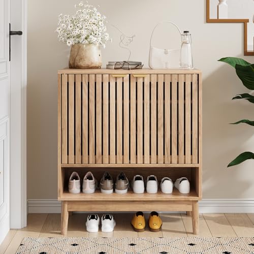 Kiasthome Shoe Storage Cabinet with Adjustable Shelves, Wooden Shoe Organizer, Shoes Rack for Entryway, Hallway, Living Room (Natural Wood, 27.56" W) - color: Natural Wood, size: 27.56" W