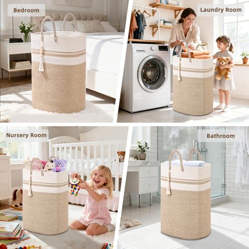 Woven Laundry Basket for Clothes, 50 L Large Rectangle Laundry Hampers with Beads Tassel, Nursery Storage Basket for Toys, Tall Dirty Clothes Hamper for Bedroom Aesthetic, Laundry Room Organization - color: Brown&White, size: 50L