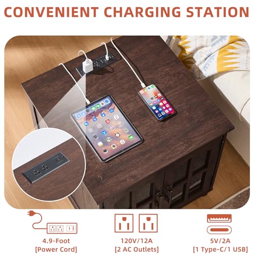 RWYHG Farmhouse 24" End Table Set of 2 with Charging Station, Large Sofa Side Table with Glass Barn Door,Wood Night Stand with Adjustable Storage Shelf,Square Bedside Table for Living Room,Bedroom - color: Retro Walnut, size: Set 2