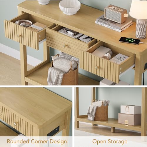 47 Inch Fluted Console Table with Outlets and USB-C Port, Mid Century Modern Sofa Table with 3 Drawers and Open Shelf, Entryway Table with Charging Station for Behind Couch, Hallway, Foyer, Oak - color: Natural Oak