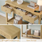 47 Inch Fluted Console Table with Outlets and USB-C Port, Mid Century Modern Sofa Table with 3 Drawers and Open Shelf, Entryway Table with Charging Station for Behind Couch, Hallway, Foyer, Oak - color: Natural Oak